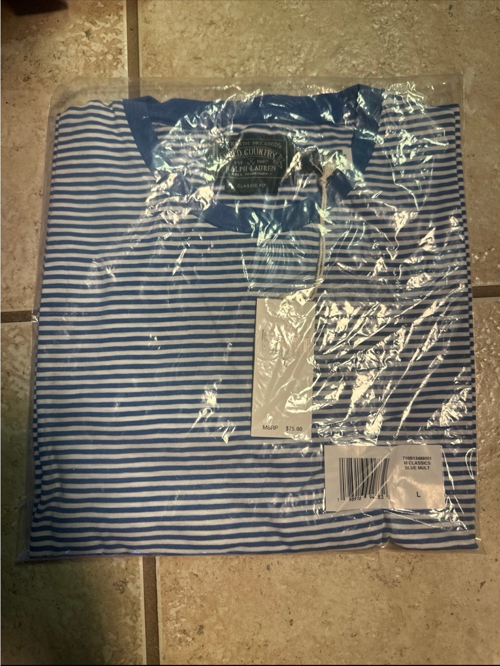 NWT Mens Ralph Lauren Striped Blue & White Tee Large